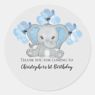 Blauer Baby Junge Elefant Blumen Luftballons Gebur Runder Aufkleber