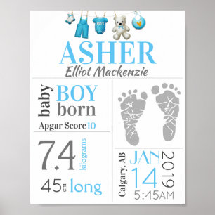 Blauer Baby Junge Geburts-Stat-Schild mit Fußabdru Poster