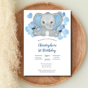 Blauer Baby-Jungen-Elefant Blumen Ballons Geburtst Einladung