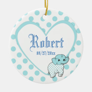 Blauer Baby-Jungen-Elefant Herz und Punkte Keramikornament