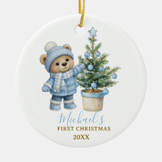 Blauer Babybär zum ersten Weihnachten Andenken Keramik Ornament (Vorne)