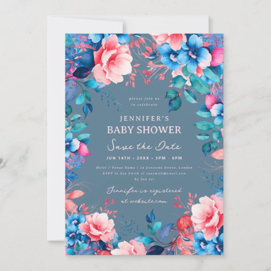 Blauer Babydusche Blauer Rosa Datum speichern Dust Einladung (Vorderseite)