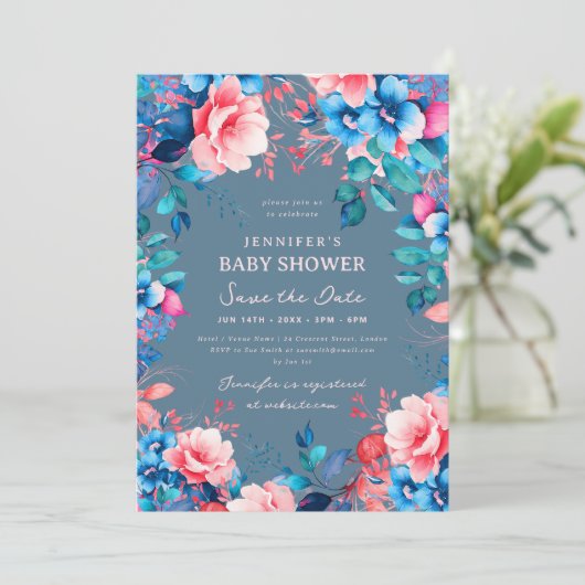 Blauer Babydusche Blauer Rosa Datum speichern Dust Einladung (Stehend Vorderseite)