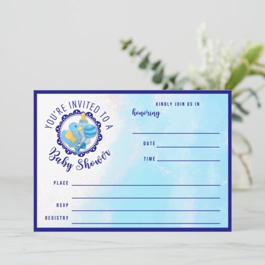 Blauer Babyduschkopf lädt ein Einladung (Stehend Vorderseite)