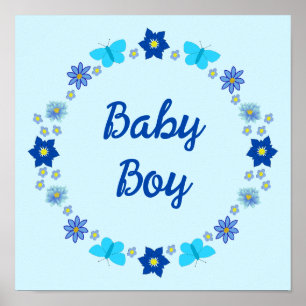 Blauer Babyjunge Schmetterlinge und Blumen Custom Poster