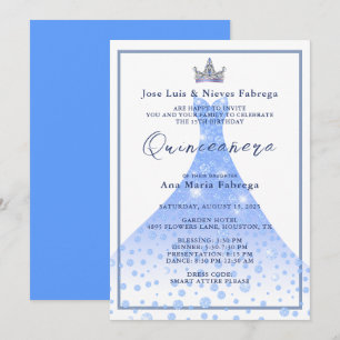 Blauer Ballkleid und Tiara Quinceañera Geburtstag Einladung