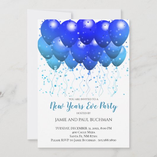 Blauer Ballon Confetti Weißes Silvesterfest Party Einladung (Vorderseite)