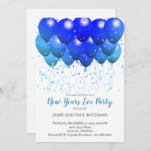 Blauer Ballon Confetti Weißes Silvesterfest Party Einladung (Vorne/Hinten)