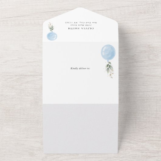 Blauer Ballon, Eukalyptus, Grünpflanzen, Babydusch All In One Einladung (Außenbereich)