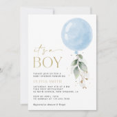 Blauer Ballon, Eukalyptus, Grünpflanzen, Babydusch Einladung (Vorderseite)