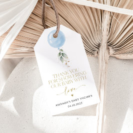 Blauer Ballon, Eukalyptus, Grünpflanzen, Babydusch Geschenkanhänger