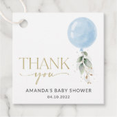 Blauer Ballon, Eukalyptus, Grünpflanzen, Babydusch Geschenkanhänger (Vorderseite)