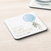 Blauer Ballon, Eukalyptus, Grünpflanzen, Babydusch Getränkeuntersetzer (Linke Seite)