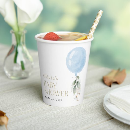 Blauer Ballon, Eukalyptus, Grünpflanzen, Babydusch Pappbecher (In Situ)