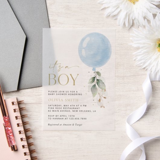 Blauer Ballon, Eukalyptus, Grünpflanzen, Babydusch Pergament Einladungen (Hochzeit)