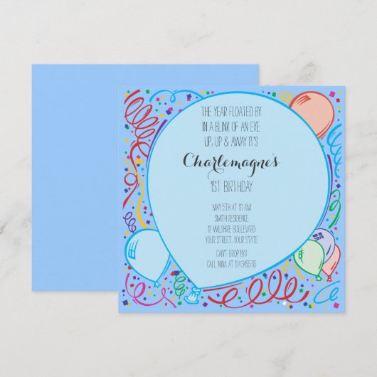 Blauer Ballon Geburtstag Einladung (Vorne/Hinten)