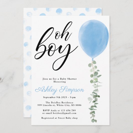 Blauer Ballon Oh Junge Eukalyptus Babydusche Einladung (Vorne/Hinten)