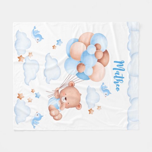 Blauer Ballon Teddy Bär im individuelle Name Wolke Fleecedecke (Vorderseite (Horizontal))