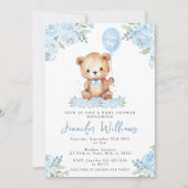 Blauer Ballon Teddy Bär seine Baby-Dusche Einladung (Vorderseite)