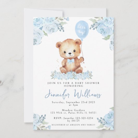 Blauer Ballon Teddy Bär seine Baby-Dusche Einladung (Vorderseite)