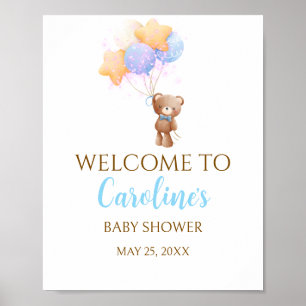 Blauer Ballonbär-Baby-Shower-Willkommensposter Poster