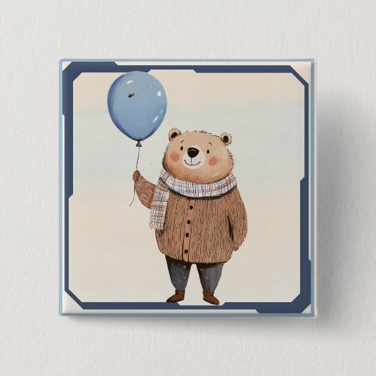 Blauer Ballonbär in Brown Sweater Kariert Scara Button (Vorderseite)