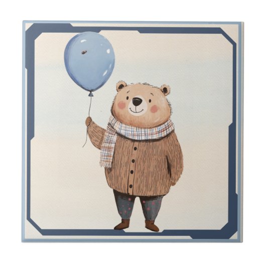 Blauer Ballonbär in Brown Sweater Kariert Scara Fliese (Vorderseite)