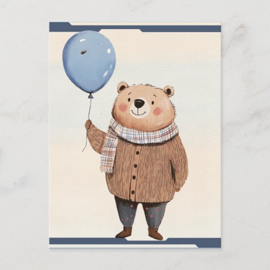 Blauer Ballonbär in Brown Sweater Kariert Scara Postkarte (Vorderseite)
