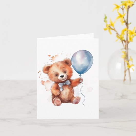 Blauer Ballonbär Karte (Gelbe Blume)