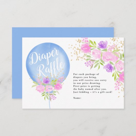 Blauer Ballonbiller Tombola Babydusche Begleitkarte (Vorne/Hinten)