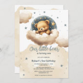 Blauer Bär auf Wolken Babydusche Einladung (Vorne/Hinten)