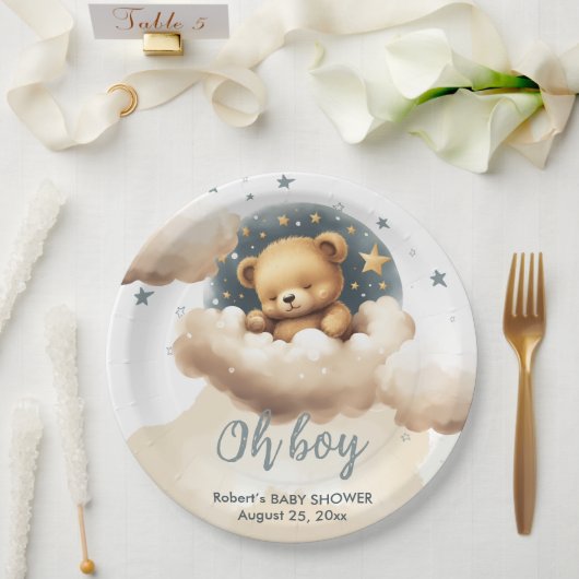 Blauer Bär auf Wolken Babydusche Einladung Pappteller (Hochzeit)