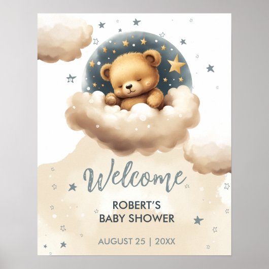 Blauer Bär auf Wolken Babydusche Einladung Poster (Vorne)