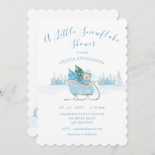 Blauer Bär eine kleine Snowflake Babydusche Einladung (Vorne/Hinten)