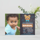 Blauer Bär Geburtstag Einladung mit Foto (Stehend Vorderseite)