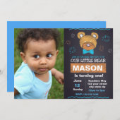 Blauer Bär Geburtstag Einladung mit Foto (Vorne/Hinten)