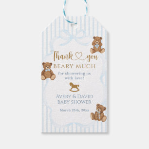 Blauer Bär wartet kaum Baby Shower Eleganter Strei Geschenkanhänger