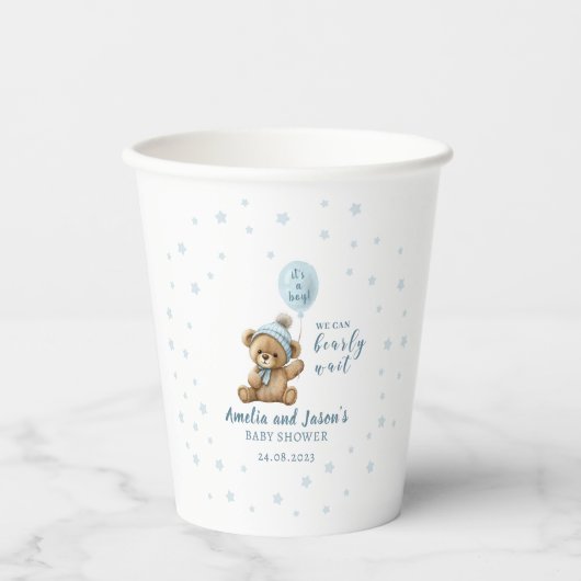 Blauer Bärenballon Baby Duschpapiertasse Pappbecher (Vorderseite)
