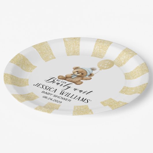 Blauer Bärenballon Babydusche Pappteller (Schrägansicht)