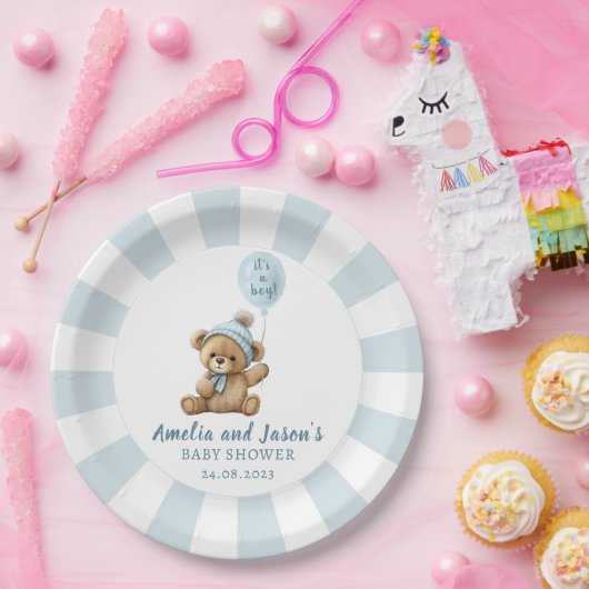 Blauer Bärenballon Babyduschpapier Teller (Party)