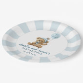 Blauer Bärenballon Babyduschpapier Teller (Schrägansicht)