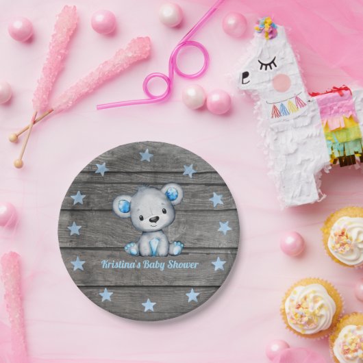 Blauer Bärenschild 4 Kinderdusche, rustikal, Gebur Pappteller (Party)