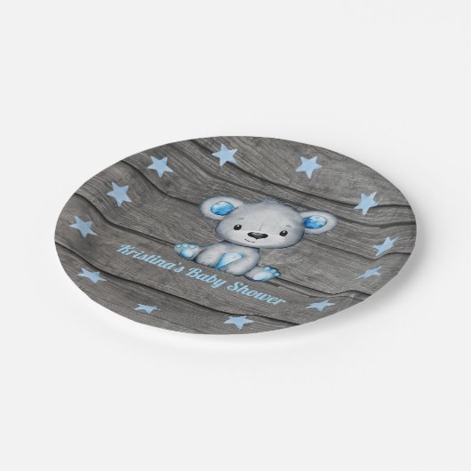 Blauer Bärenschild 4 Kinderdusche, rustikal, Gebur Pappteller (Schrägansicht)