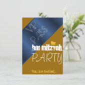 Blauer Bat Mitzvah Bar Mitzvah Party Einladung (Stehend Vorderseite)