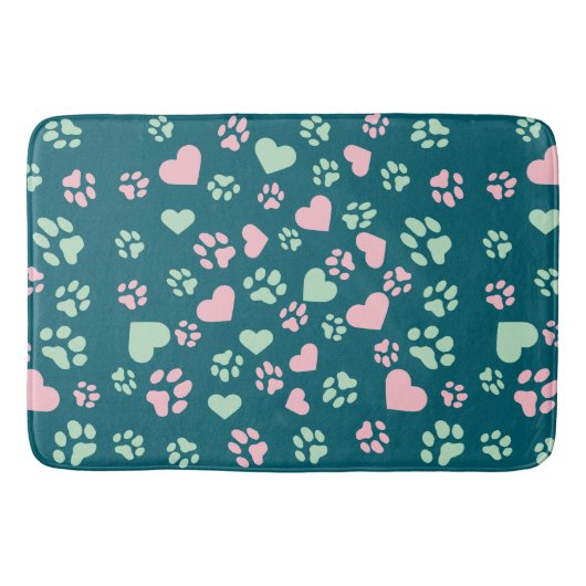 Blauer Bath Mat mit rosa Paw Prints und Herzmuster Badematte (Vorderseite)
