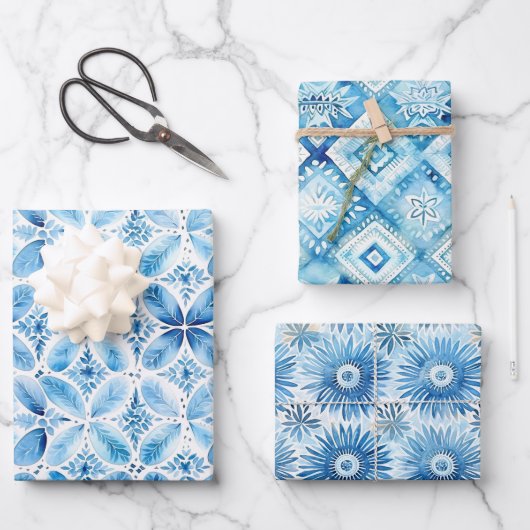 Blauer Batik Brautparty Geschenkpapier Set (Vorderseite)