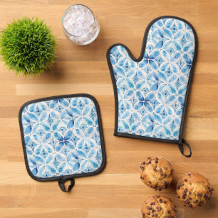 Blauer Batik Brautparty Ofenhandschuh & Topflappen-Set
