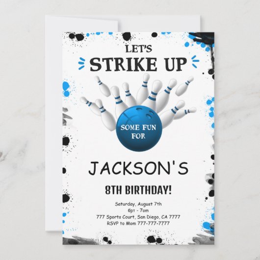 Blauer bearbeitbarer Bowling Einladung (Vorderseite)