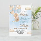 Blauer Beary Erster Geburtstag Einladung (Stehend Vorderseite)