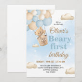 Blauer Beary Erster Geburtstag Einladung (Vorne/Hinten)